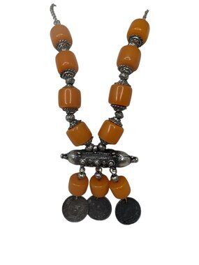 Tribal BOHO Necklace With Orange Beads & Silver Coins